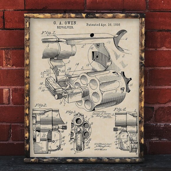 1898 G. A. Owen Revolver Patent Firearm Art 20x16 Vintage Gun Print on Parchment - Picture 5 of 9
